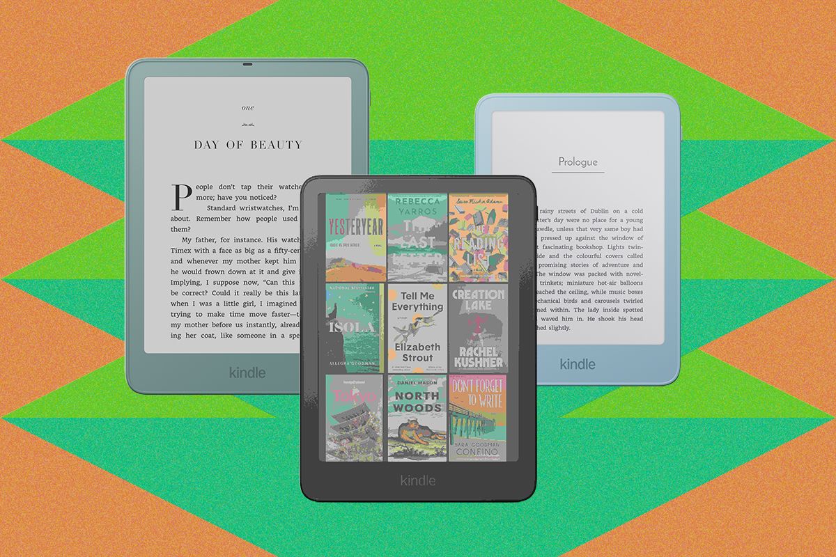 Kindle e-readers lined up, showcasing Paperwhite, Colorsoft, and aluminum models